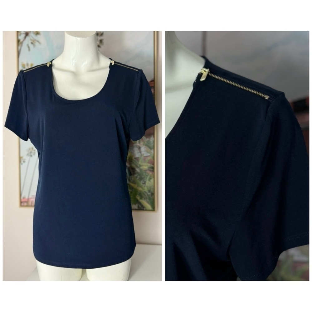 Carmen Marc Valvo Navy Blue Zip Shoulder Short Sleeve Stretch Top Size Large